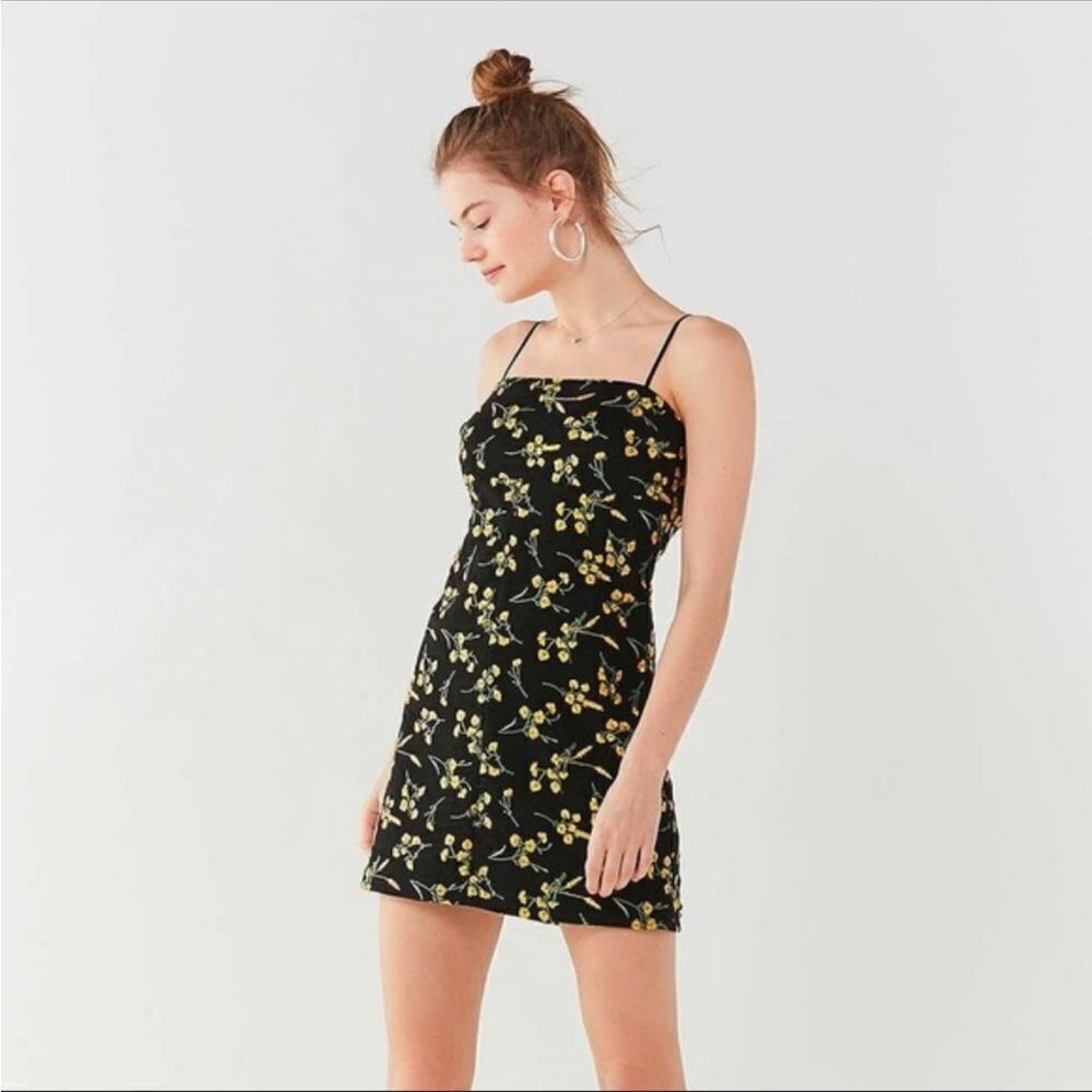 Urban Outfitters Black and yellow Embroidered Floral Mini Dress